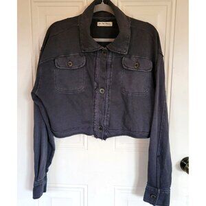 Free People Saturday Boxy Cropped Shirt Jacket Washed Black Gray XS